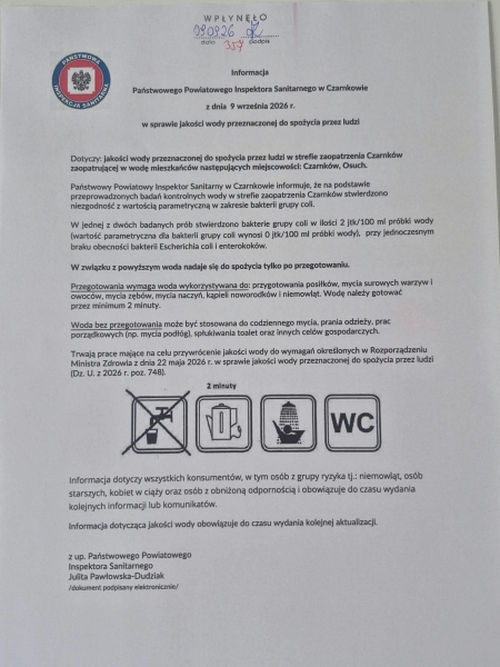 Informacja Państwowego Powiatowego Inspektora Sanitarnego w Czarnkowie z dnia 09.09.2026 r